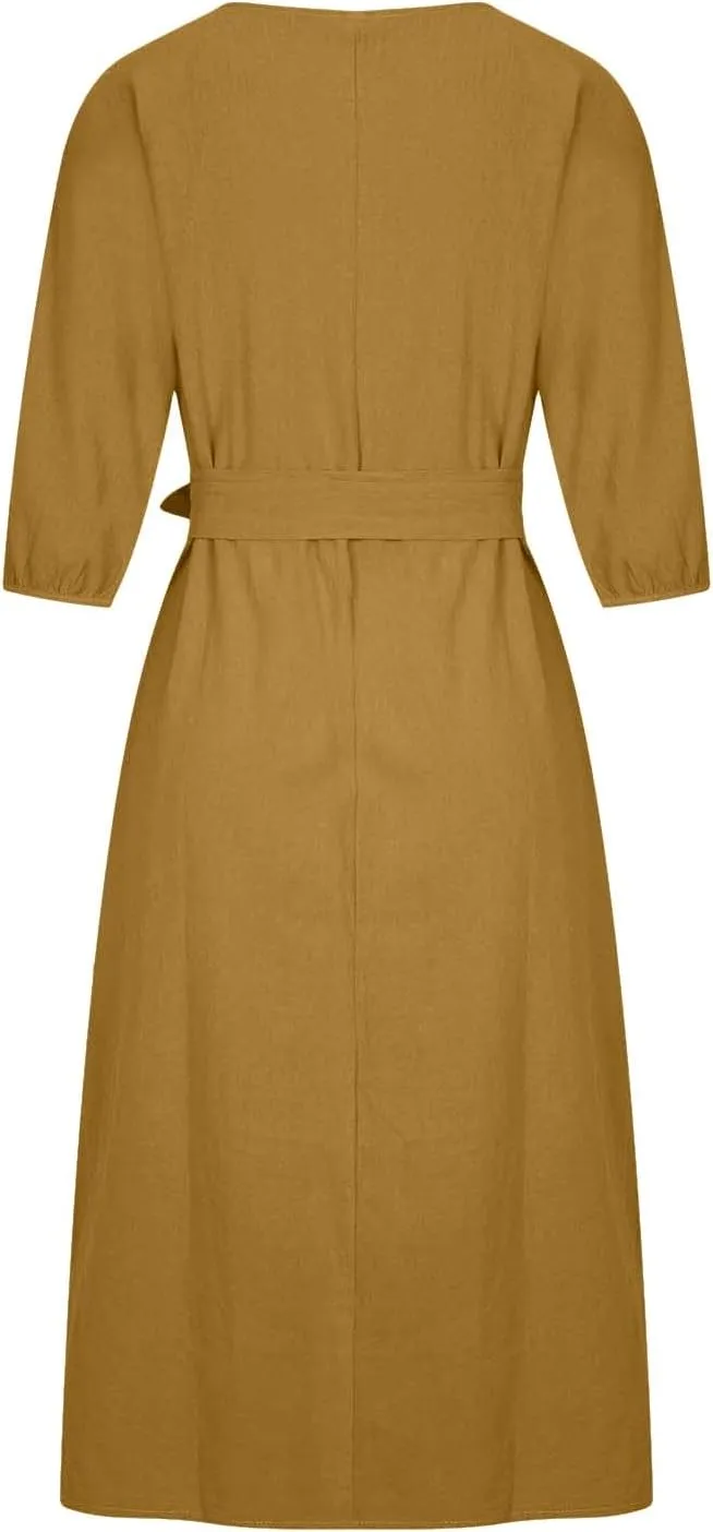 Business Dress for Women Solid Color Tie Waist Knee Length Long Sleeve Dresses Casual Loose Plus Size Office Dress