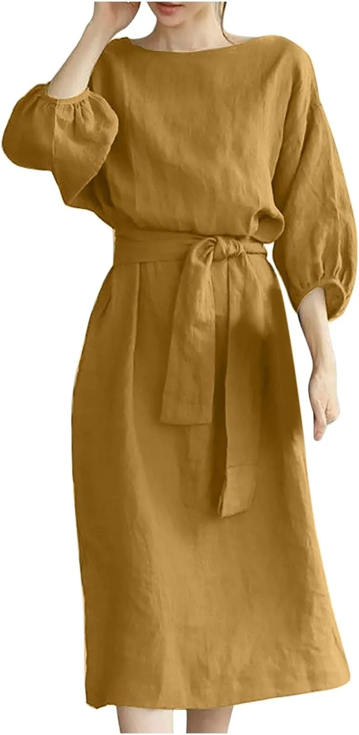 Business Dress for Women Solid Color Tie Waist Knee Length Long Sleeve Dresses Casual Loose Plus Size Office Dress