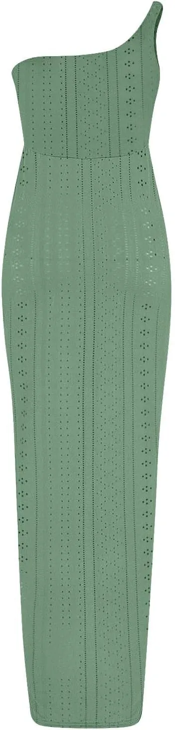 Cocktail Dresses for Women Wedding Guest One Sexy Shoulder Maxi Long Dress Eyelet Split Hem High Waist Wrap Dress