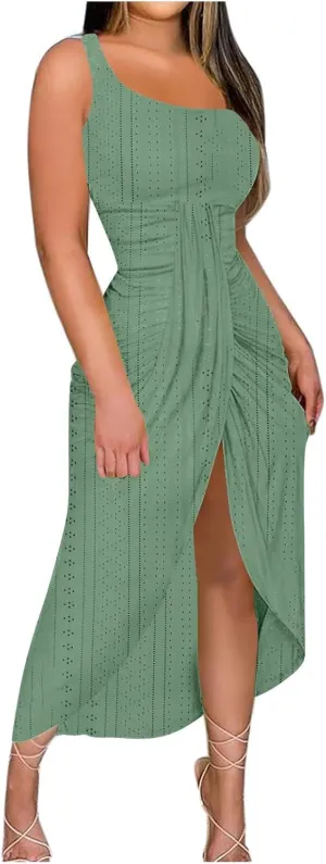 Cocktail Dresses for Women Wedding Guest One Sexy Shoulder Maxi Long Dress Eyelet Split Hem High Waist Wrap Dress