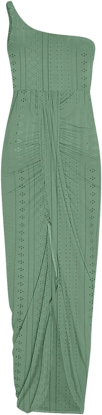 Cocktail Dresses for Women Wedding Guest One Sexy Shoulder Maxi Long Dress Eyelet Split Hem High Waist Wrap Dress