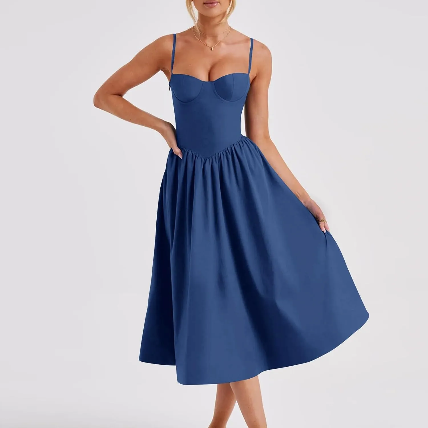 Corset Dress for Women Formal Spaghetti Strap Bustier Midi Dresses Flowy Pleated Hem A-Line Sundress with Pockets