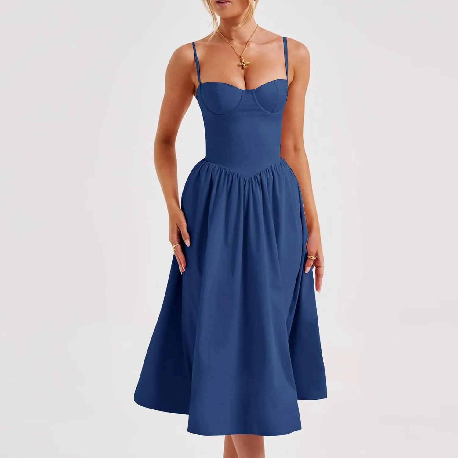 Corset Dress for Women Formal Spaghetti Strap Bustier Midi Dresses Flowy Pleated Hem A-Line Sundress with Pockets