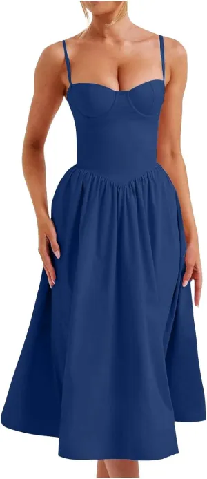 Corset Dress for Women Formal Spaghetti Strap Bustier Midi Dresses Flowy Pleated Hem A-Line Sundress with Pockets