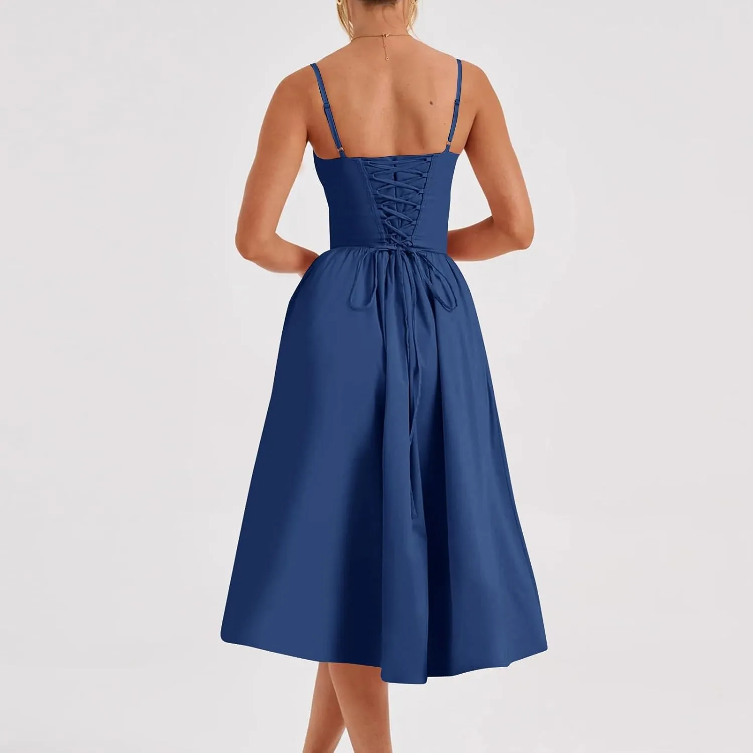 Corset Dress for Women Formal Spaghetti Strap Bustier Midi Dresses Flowy Pleated Hem A-Line Sundress with Pockets