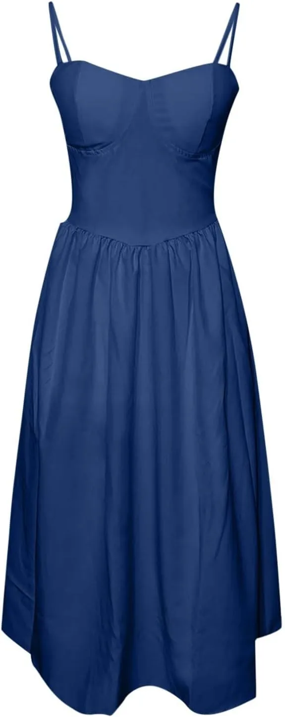 Corset Dress for Women Formal Spaghetti Strap Bustier Midi Dresses Flowy Pleated Hem A-Line Sundress with Pockets