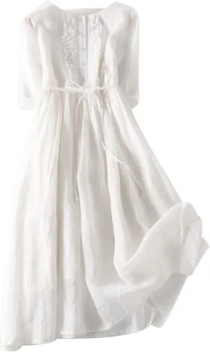 Cotton Linen Dresses for Women 2025 Maxi Button Down A Line Dress Trendy 3/4 Sleeve Swing Flowy Dress Summer Dress