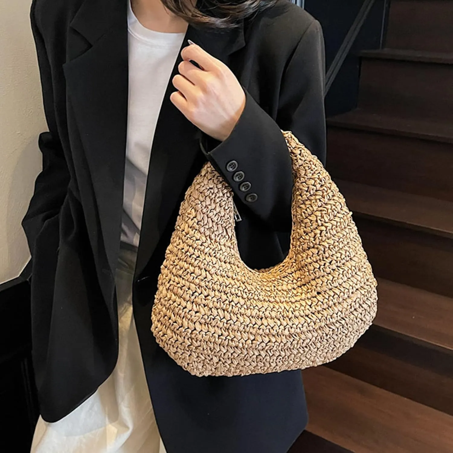Crescent Straw Shoulder Handbag for Women Summer Beach Tote Raffia Woven Purse Hobo Underarm Bag 2025