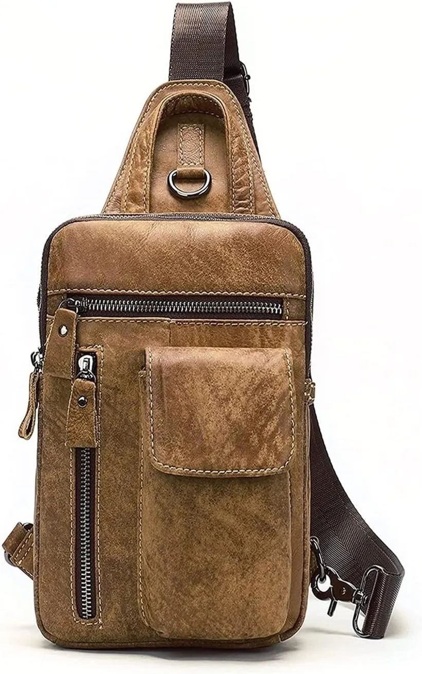Crossbody Bag Vintage Leather Sling Bag Hiking Cycling Daypack Chest Shoulder Backpack Anti Theft