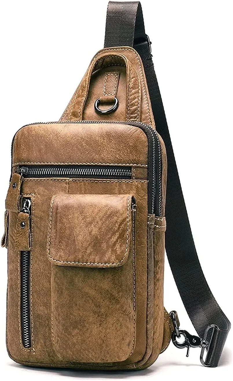 Crossbody Bag Vintage Leather Sling Bag Hiking Cycling Daypack Chest Shoulder Backpack Anti Theft