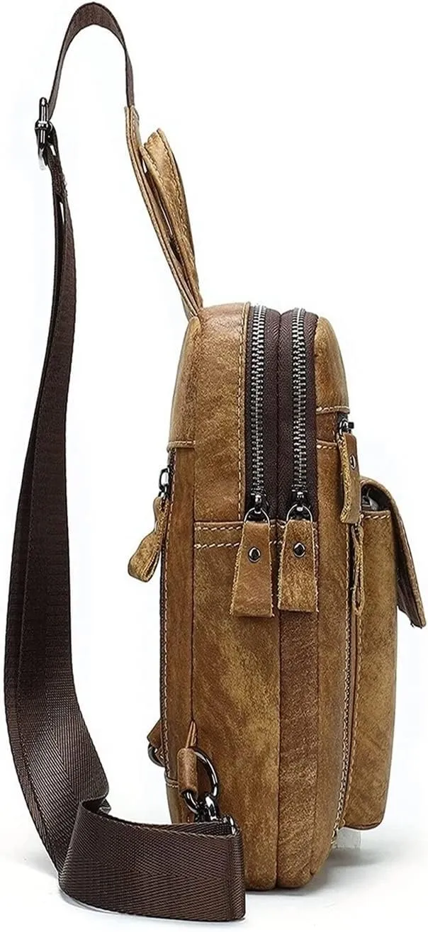 Crossbody Bag Vintage Leather Sling Bag Hiking Cycling Daypack Chest Shoulder Backpack Anti Theft