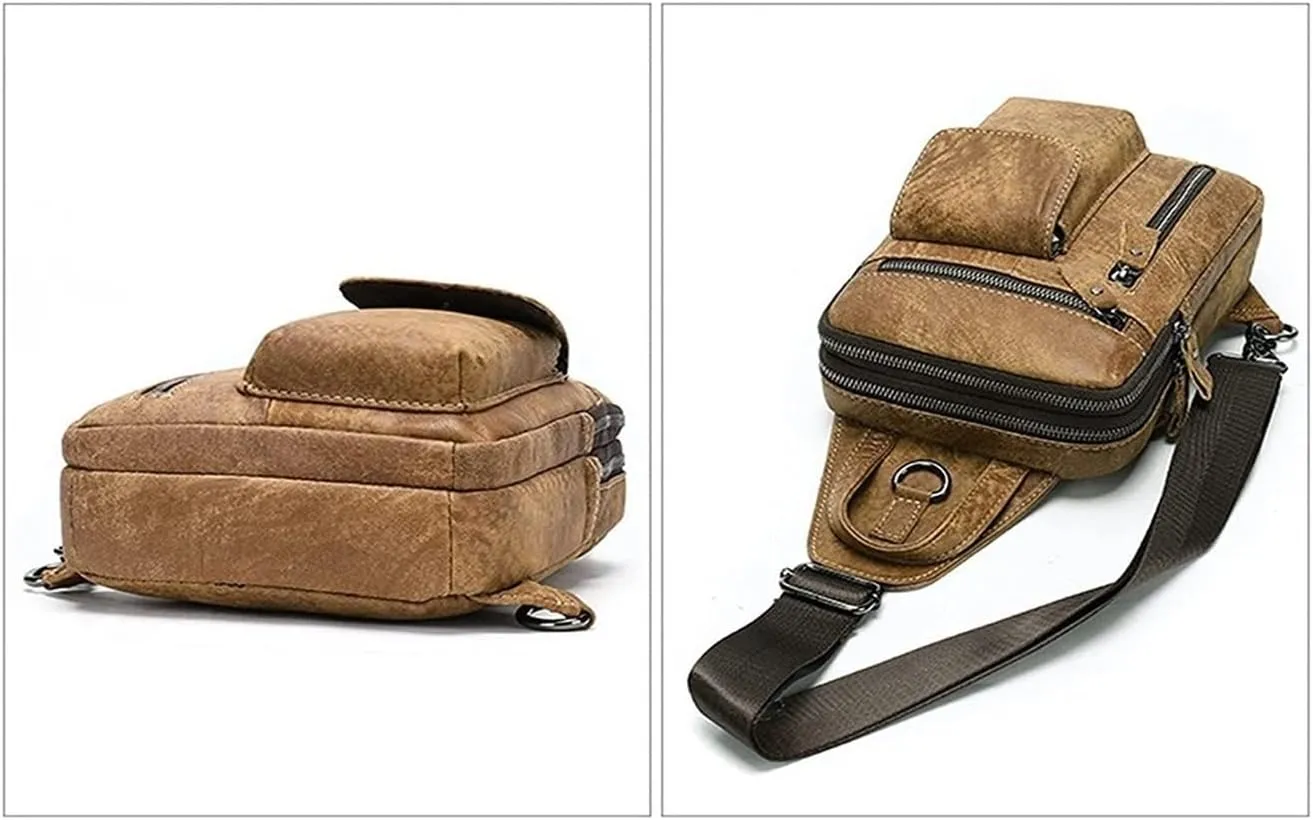 Crossbody Bag Vintage Leather Sling Bag Hiking Cycling Daypack Chest Shoulder Backpack Anti Theft