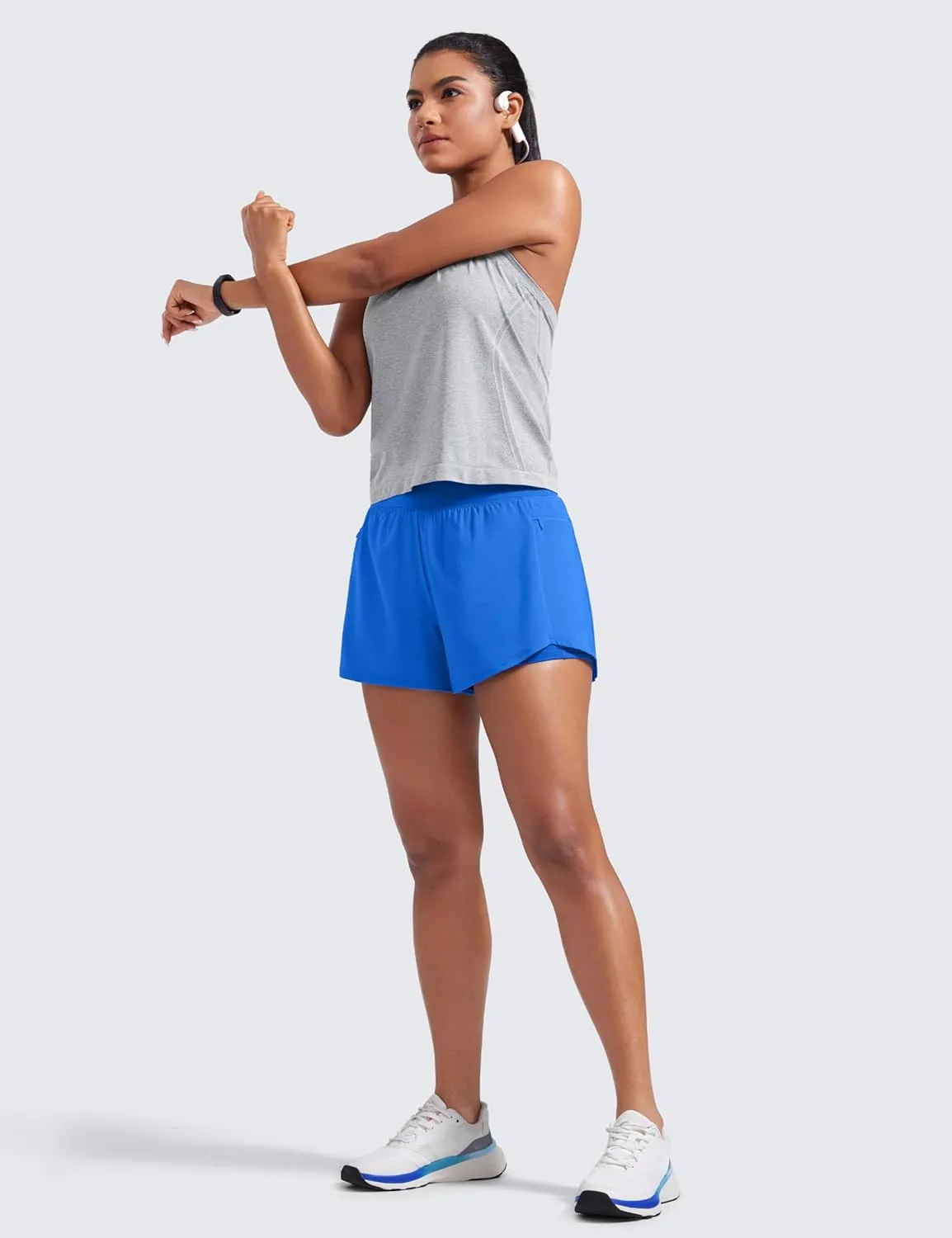 CRZ YOGA Double Layer Running Shorts for Women 3" High Waisted 2 in 1 for Athletic Tennis Workout with Zip Pockets