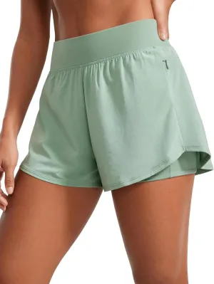 CRZ YOGA Double Layer Running Shorts for Women 3" High Waisted 2 in 1 for Athletic Tennis Workout with Zip Pockets