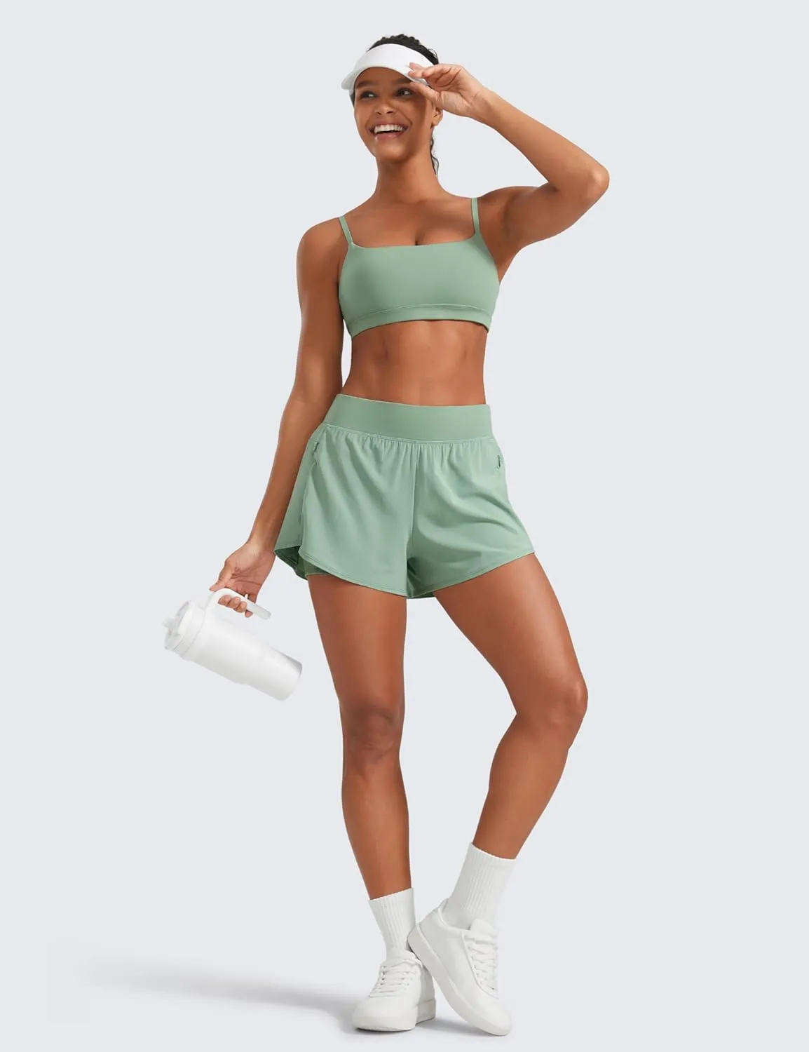 CRZ YOGA Double Layer Running Shorts for Women 3" High Waisted 2 in 1 for Athletic Tennis Workout with Zip Pockets