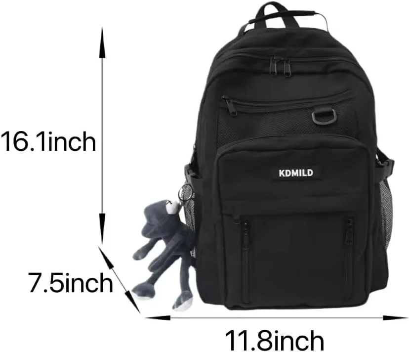 Cute Aesthetic Backpack with Kawaii Plush Preppy Backpack Japanese Laptop Backpack Korean Fashion College Bookbag (Black,One Size)