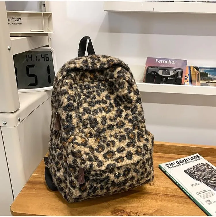 Cute Backpack Fuzzy Cheetah Shoulder Bag, Y2k Purse Fleece Chic Bookbag Trendy Aesthetic Coquette Daypack 90s Purse (Brown)