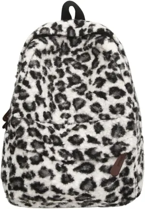 Cute Backpack Fuzzy Cheetah Shoulder Bag, Y2k Purse Fleece Chic Bookbag Trendy Aesthetic Coquette Daypack 90s Purse (White)