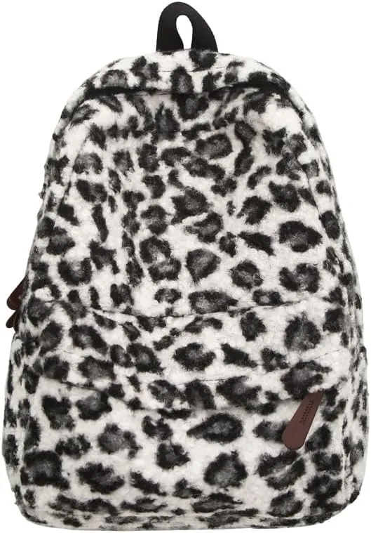 Cute Backpack Fuzzy Cheetah Shoulder Bag, Y2k Purse Fleece Chic Bookbag Trendy Aesthetic Coquette Daypack 90s Purse (White)