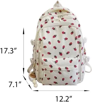 Cute Corduroy Backpack Strawberry Plaid Preppy Aesthetic Bag Casual Lightweight Laptop Bag Back to College Supplies (Strawberry)