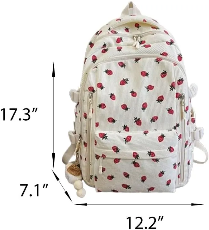 Cute Corduroy Backpack Strawberry Plaid Preppy Aesthetic Bag Casual Lightweight Laptop Bag Back to College Supplies (Strawberry)