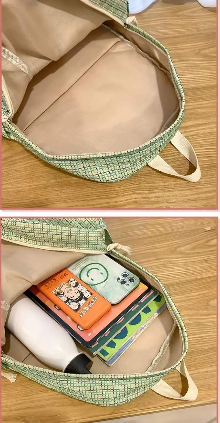 Cute Duck Backpack Funny Animal Cartoon Plaid Backpack Kawaii Aesthetic Preppy Laptop Backpack (Green)