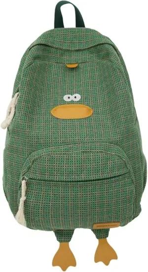 Cute Duck Backpack Funny Animal Cartoon Plaid Backpack Kawaii Aesthetic Preppy Laptop Backpack (Green)