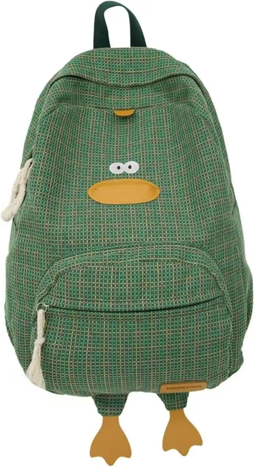 Cute Duck Backpack Funny Animal Cartoon Plaid Backpack Kawaii Aesthetic Preppy Laptop Backpack (Green)