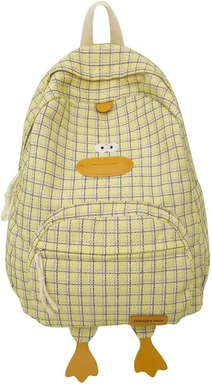 Cute Duck Backpack Funny Animal Cartoon Plaid Backpack Kawaii Aesthetic Preppy Laptop Backpack (Yellow)