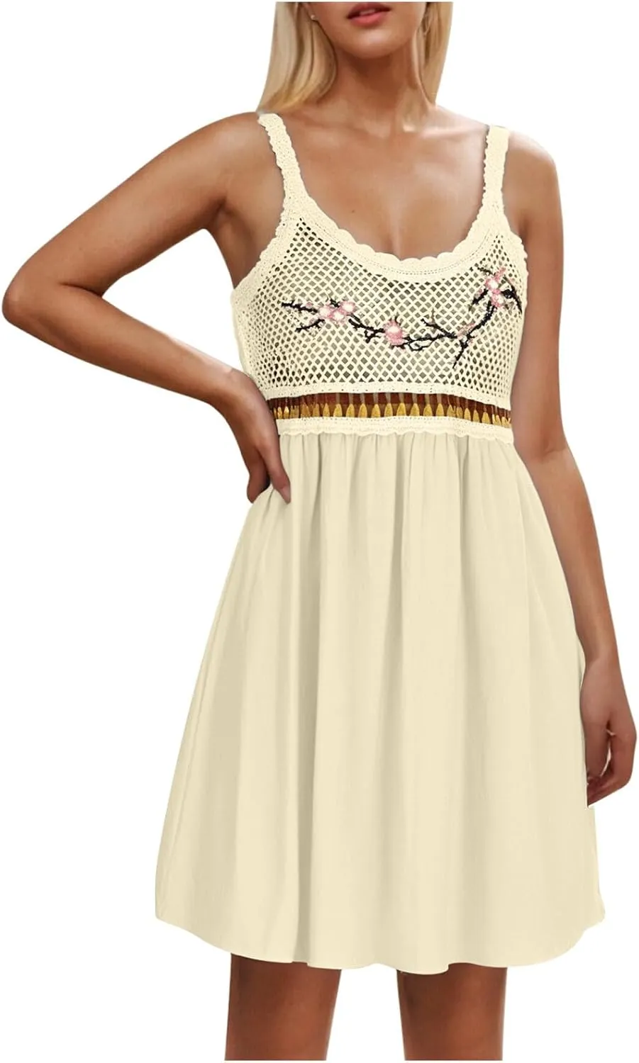 Cute Little Cami Sundress for Women Floral Embroidered Sweater Patchwork Mini Dress Summer Sleeveless A-Line Dresses
