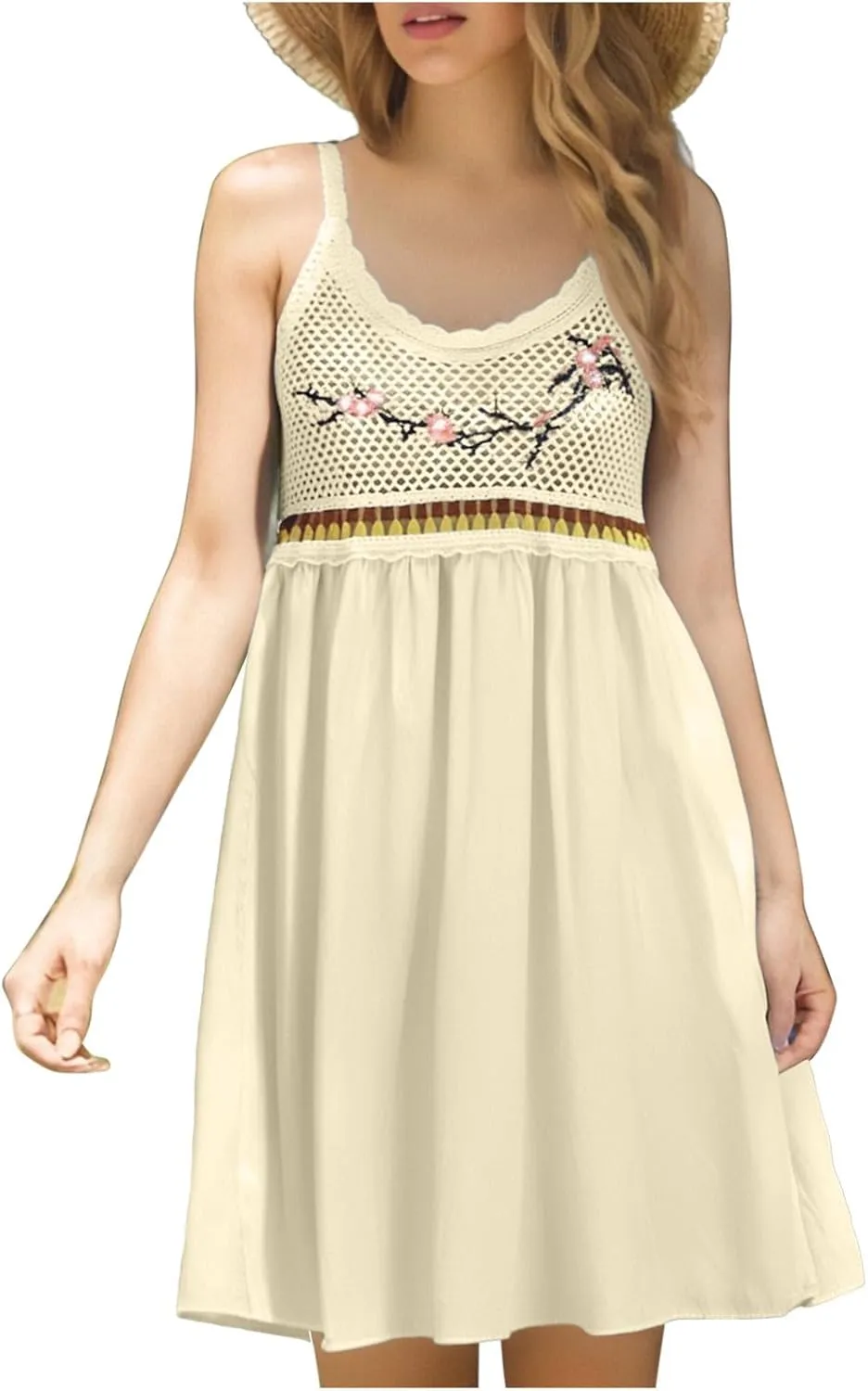 Cute Little Cami Sundress for Women Floral Embroidered Sweater Patchwork Mini Dress Summer Sleeveless A-Line Dresses
