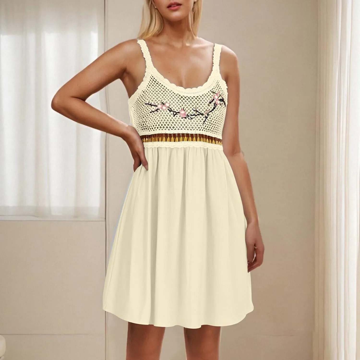 Cute Little Cami Sundress for Women Floral Embroidered Sweater Patchwork Mini Dress Summer Sleeveless A-Line Dresses