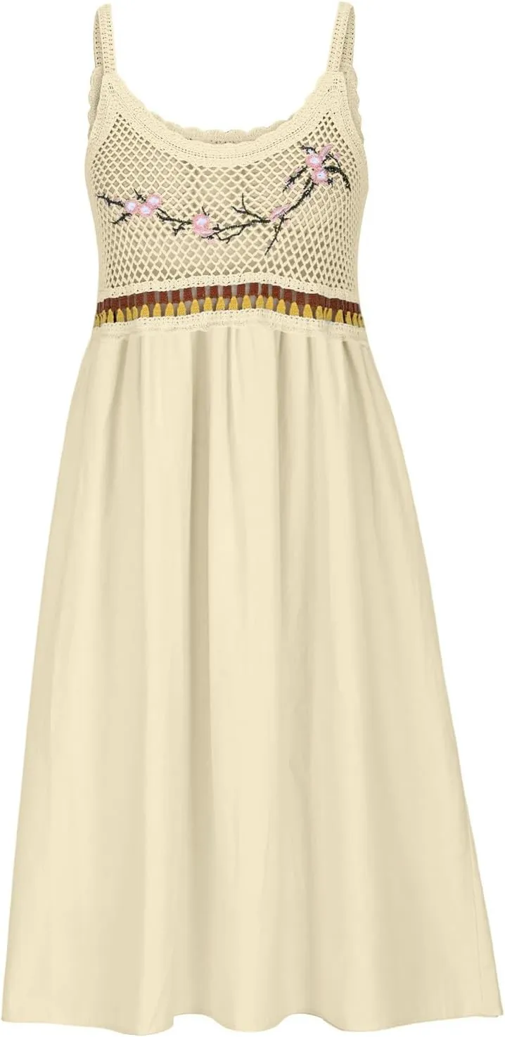 Cute Little Cami Sundress for Women Floral Embroidered Sweater Patchwork Mini Dress Summer Sleeveless A-Line Dresses