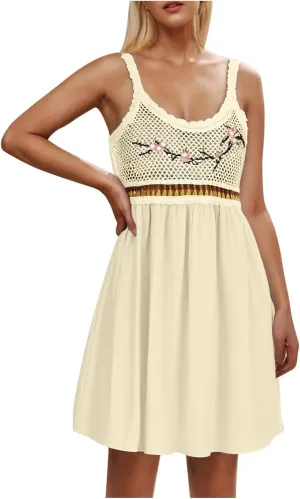 Cute Little Cami Sundress for Women Floral Embroidered Sweater Patchwork Mini Dress Summer Sleeveless A-Line Dresses