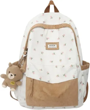 Cute Preppy Backpack with Pendant Floral Printed Patchwork Backpack Cottagecore Aesthetic Bag Kawaii Laptop Backpack (One Size,Brown)