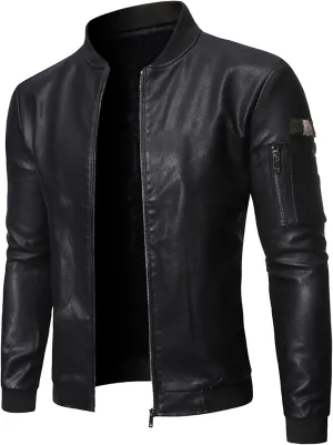 DGHM-JLMY Men's Motorcycle Leather Jacket With Double Zippers Classic Biker PU Jacket Vintage Stand Collar Rider Jacket Coat