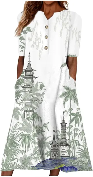 Dresses for Women 2025 V Neck Half Sleeve Dresses Floral Printed Pocket Long Dress Button Down Comfy Maxi Dress