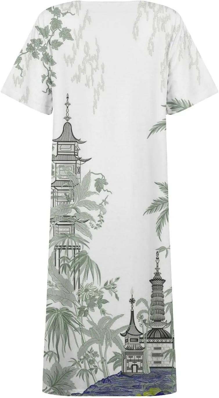 Dresses for Women 2025 V Neck Half Sleeve Dresses Floral Printed Pocket Long Dress Button Down Comfy Maxi Dress