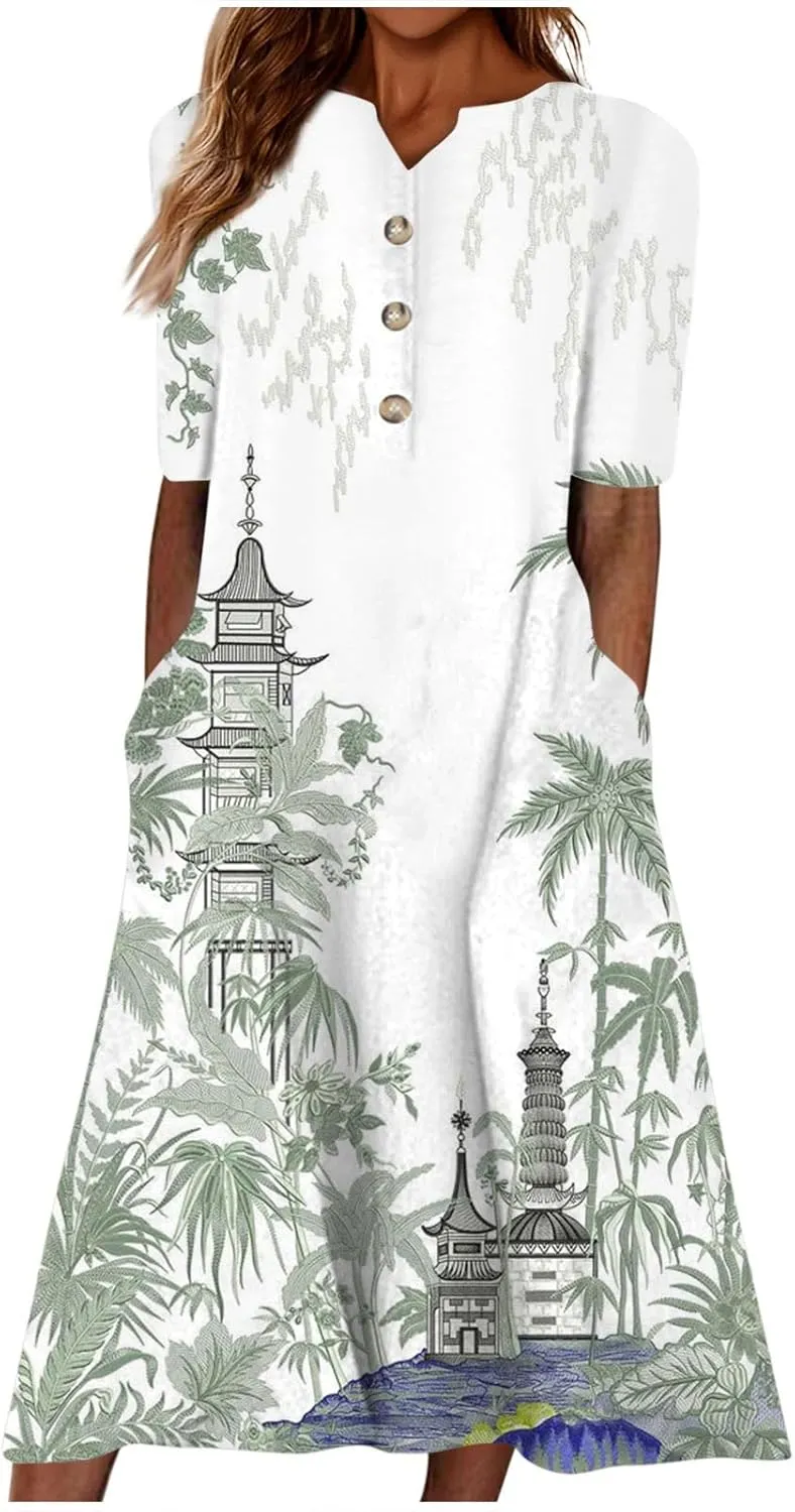 Dresses for Women 2025 V Neck Half Sleeve Dresses Floral Printed Pocket Long Dress Button Down Comfy Maxi Dress