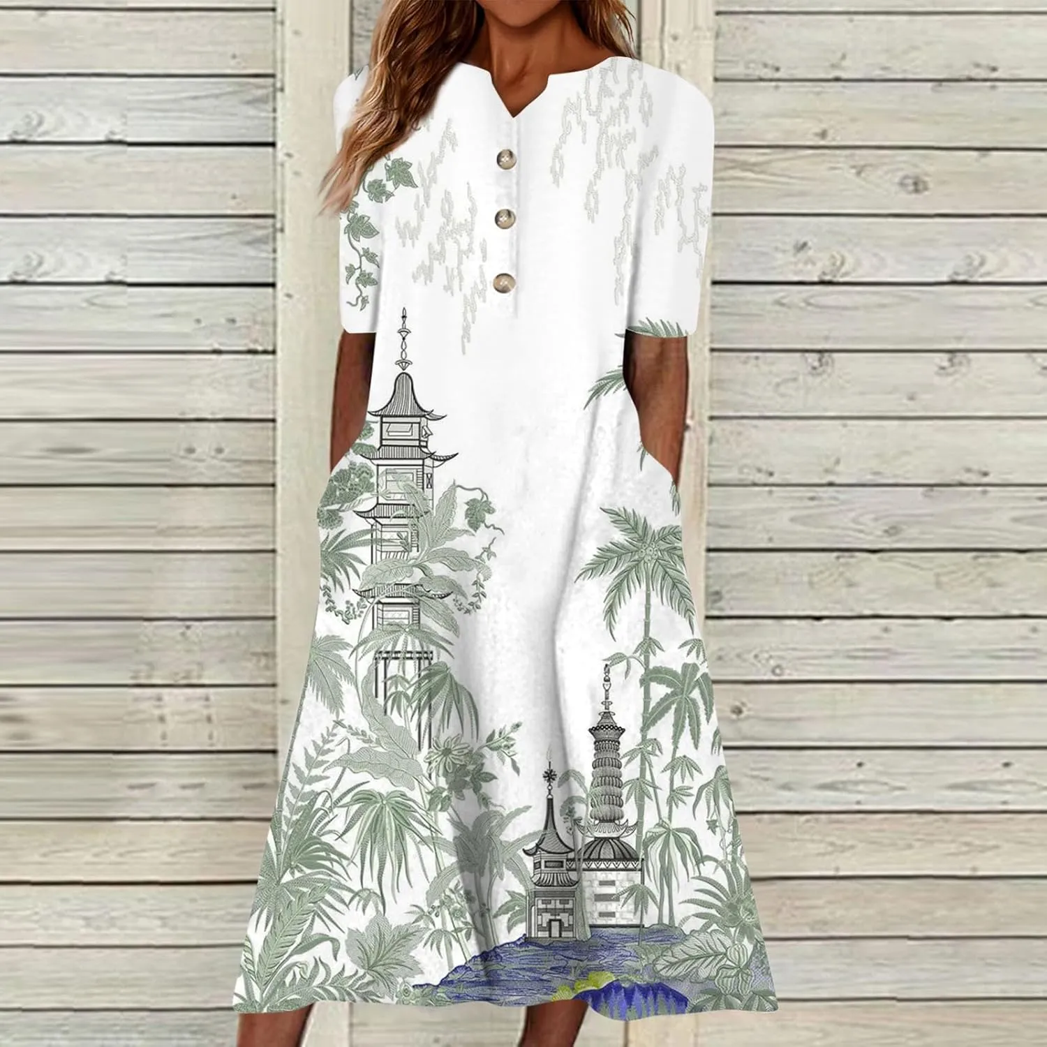 Dresses for Women 2025 V Neck Half Sleeve Dresses Floral Printed Pocket Long Dress Button Down Comfy Maxi Dress