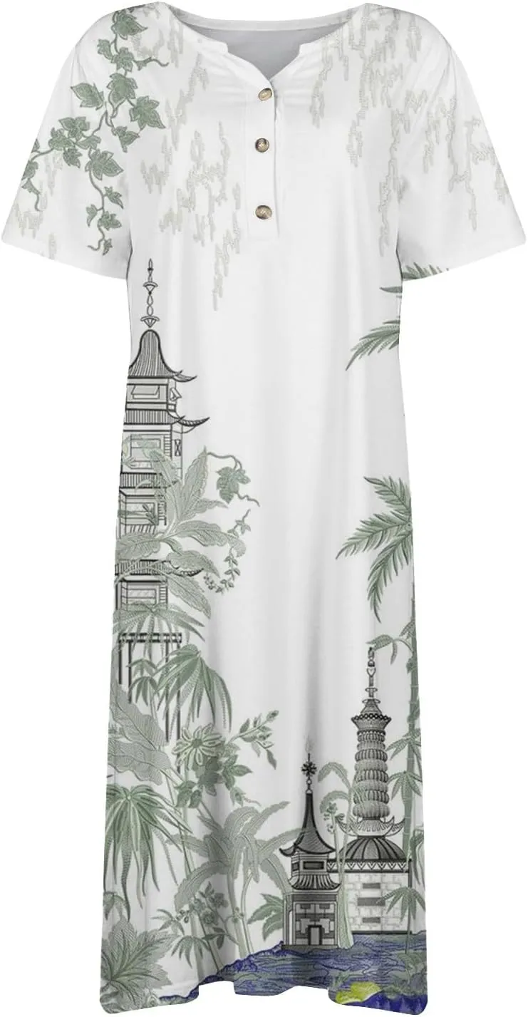 Dresses for Women 2025 V Neck Half Sleeve Dresses Floral Printed Pocket Long Dress Button Down Comfy Maxi Dress