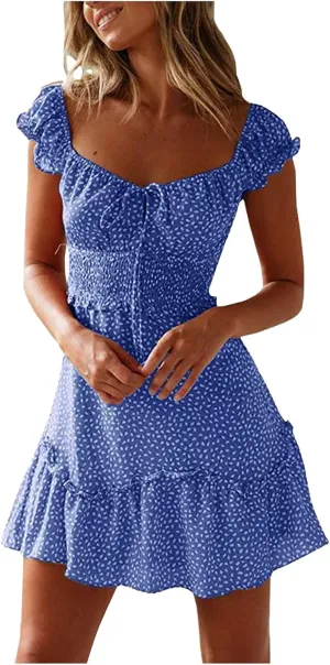 Dresses for Women trendy Pleated Sleeve Women's Sexy Summer Short Neckline Print Dress Mini Dress Ladies Sundress Beach