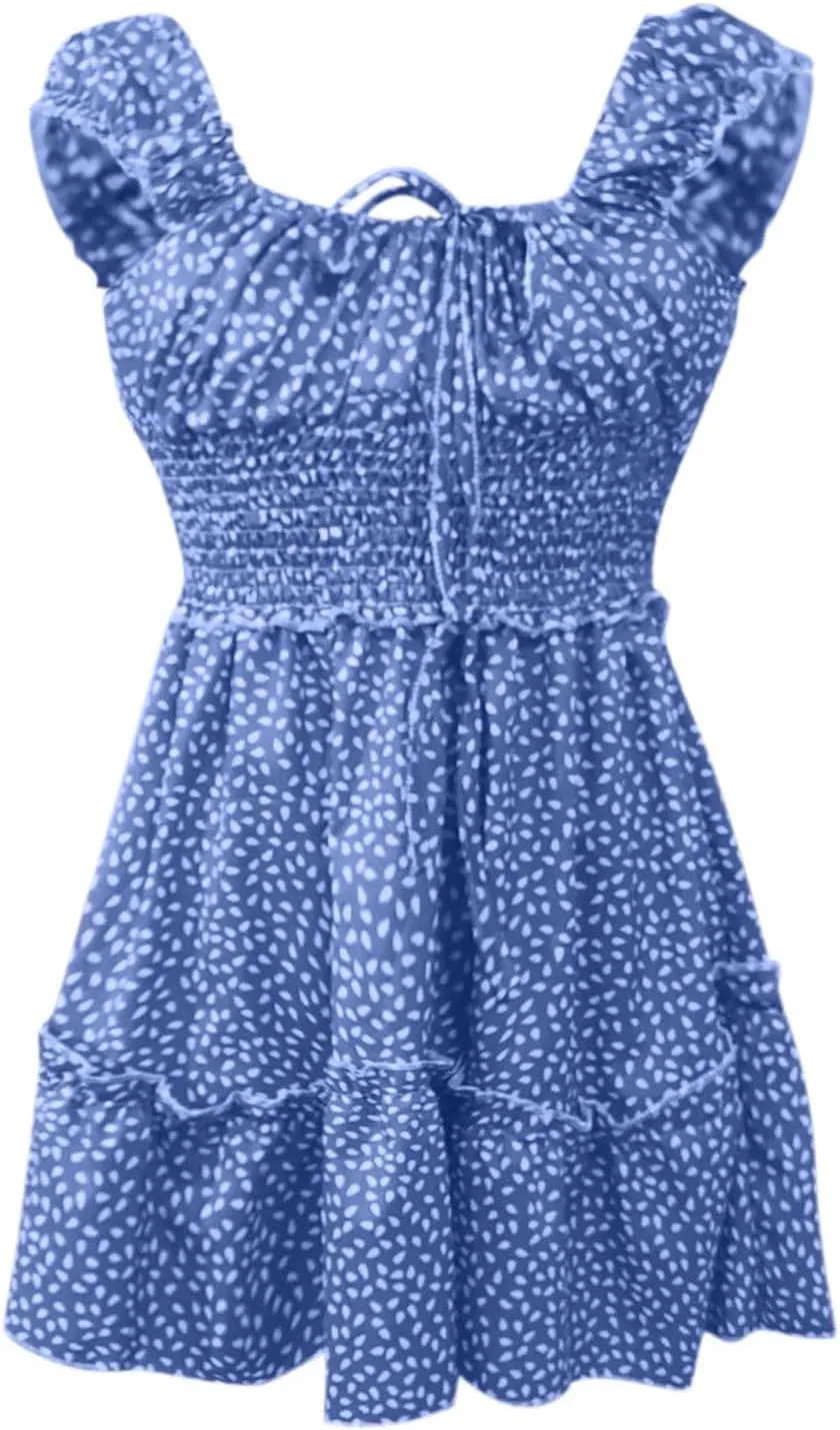 Dresses for Women trendy Pleated Sleeve Women's Sexy Summer Short Neckline Print Dress Mini Dress Ladies Sundress Beach
