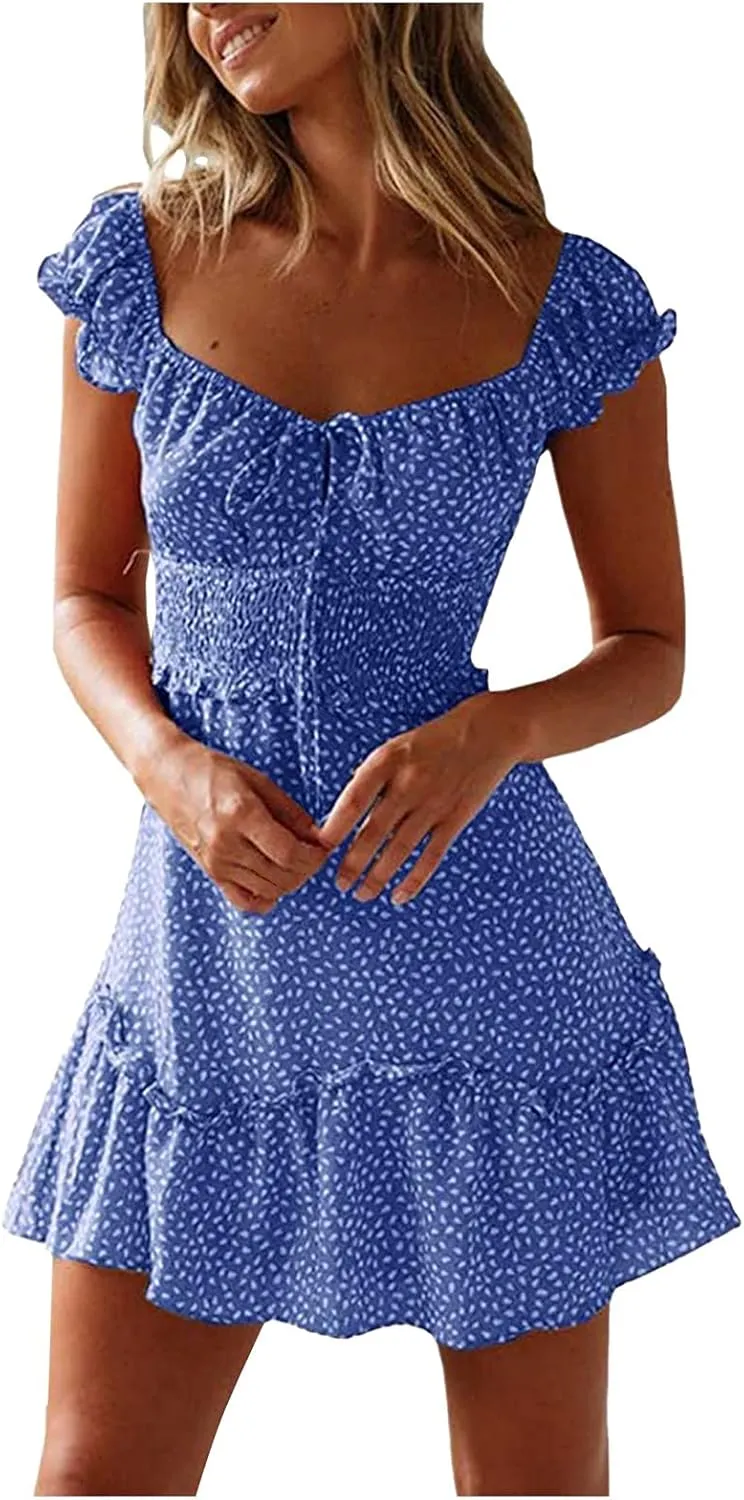 Dresses for Women trendy Pleated Sleeve Women's Sexy Summer Short Neckline Print Dress Mini Dress Ladies Sundress Beach