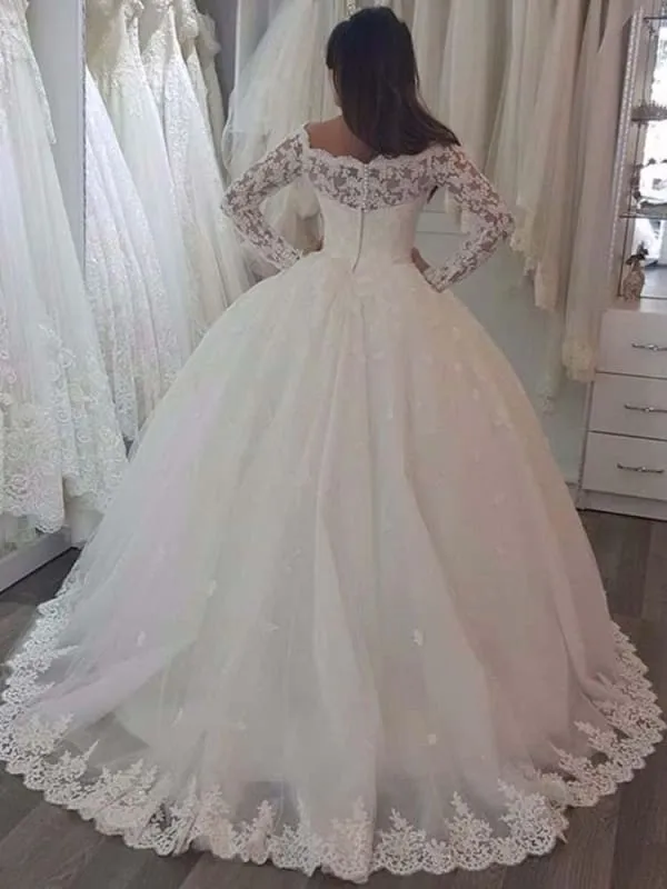 Elegant Bateau Long Sleeves Lace Ball Gown Wedding Dresses