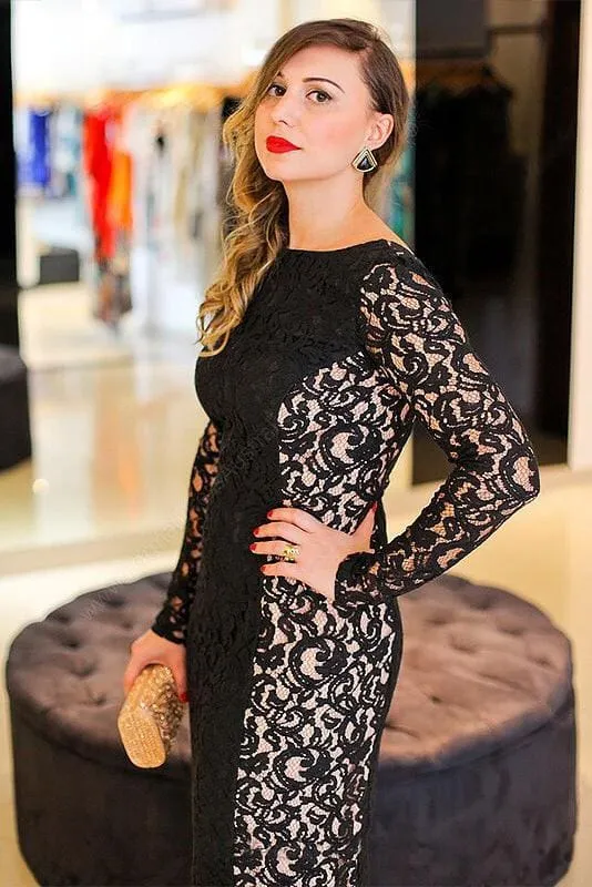 Elegant Black Long Sleeves Backless Floor-length Bateau Plus Size Prom Dress