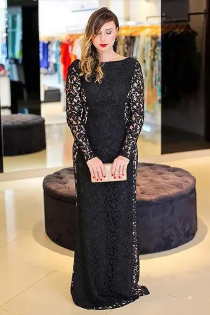 Elegant Black Long Sleeves Backless Floor-length Bateau Plus Size Prom Dress