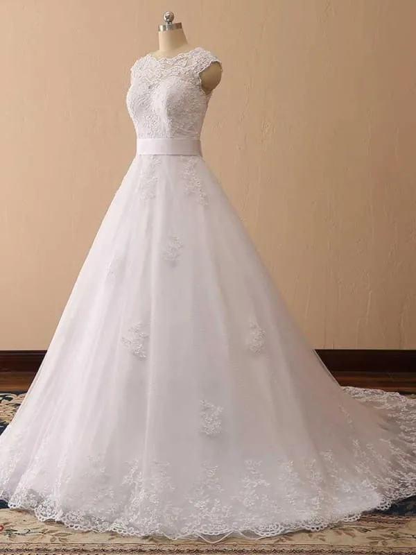 Elegant Cap Sleeves Lace Ball Gown Wedding Dresses