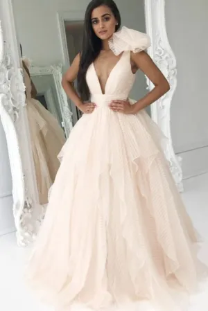 Elegant Deep V-Neck Light Pink Ball Gown Princess Prom Quinceanera Dresses