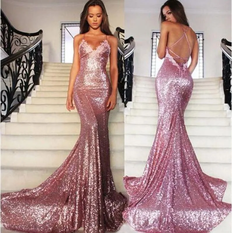 Elegant Elegant Beautiful Gorgeous Rose Gold Spaghetti Straps V-neck Mermaid Sequins Sweep Train Prom Dress